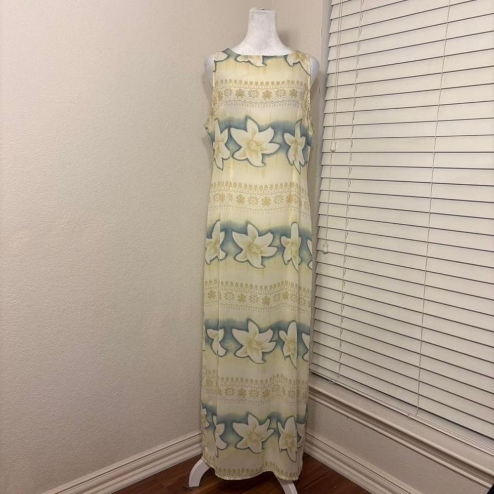 Vintage 90s sheer cream blue hawaiian maxi dress resort beach coastal size L